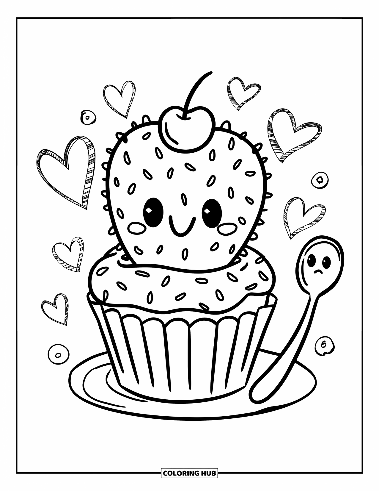 Cactus Coloring Page for Adults: A smiley cactus inside a cupcake wrapper, topped with sprinkles and a surprised spoon