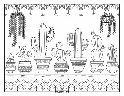 Coloriage de cactus pour adultes : Un arrangement élégant de cactus dans des pots à motifs tribaux, placé sur une corniche en bois avec un décor