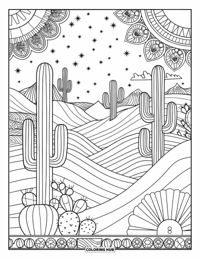 Coloriage de cactus pour adultes : Une scène de désert surréaliste avec des cactus, un ciel nocturne étoilé et des dunes de sable fluides