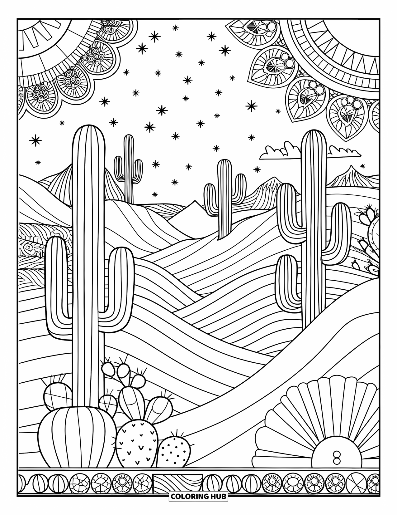 Cactus Coloring Page for Adults: A surreal desert scene with cacti, a starry night sky, and flowing sand dunes