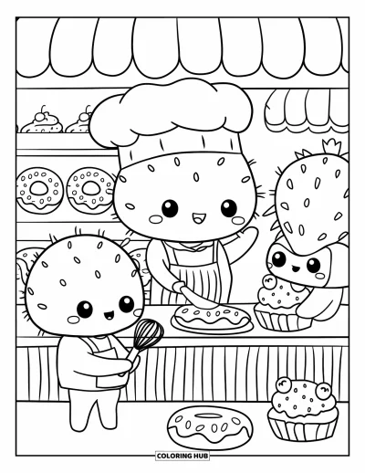 Coloriage de cactus pour adultes : Un minuscule chef cactus préparant d’adorables pâtisseries pendant que des assistants décorent des cupcakes avec des cerises