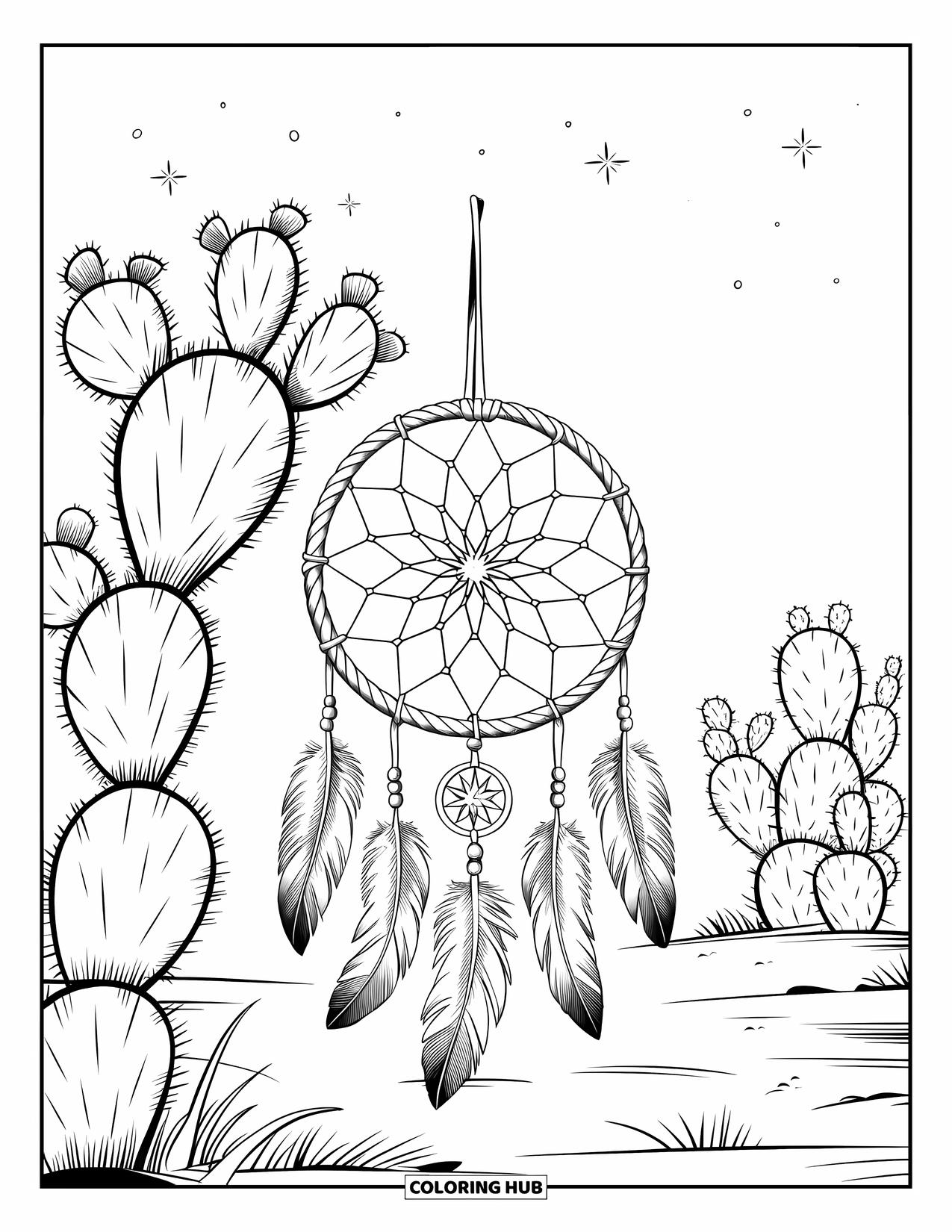 Cactus Coloring Page for Adults: A woven dreamcatcher with dangling feathers, resting on a spiky cactus in a desert setting