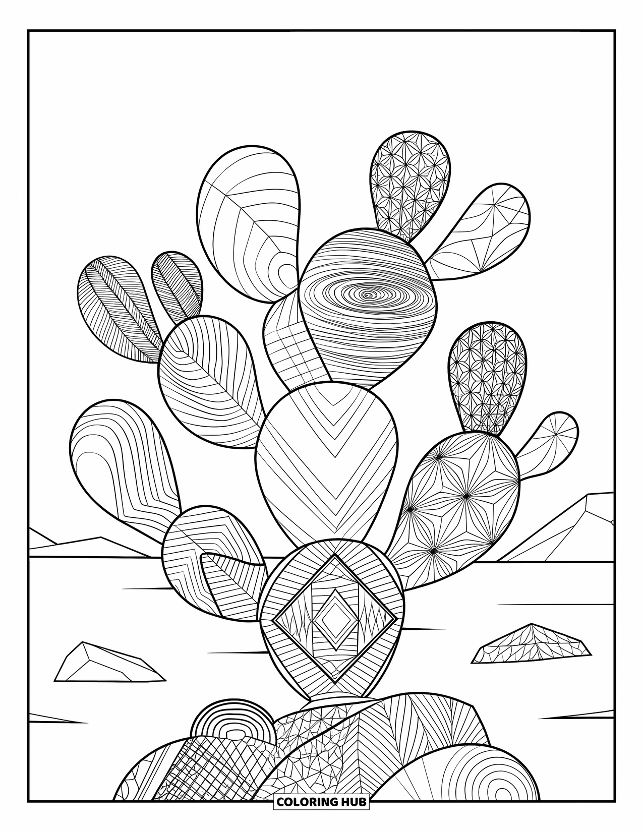 Cactus Coloring Page for Adults: A zentangle cactus with intricate textures, placed in a desert landscape with rippling sand dunes