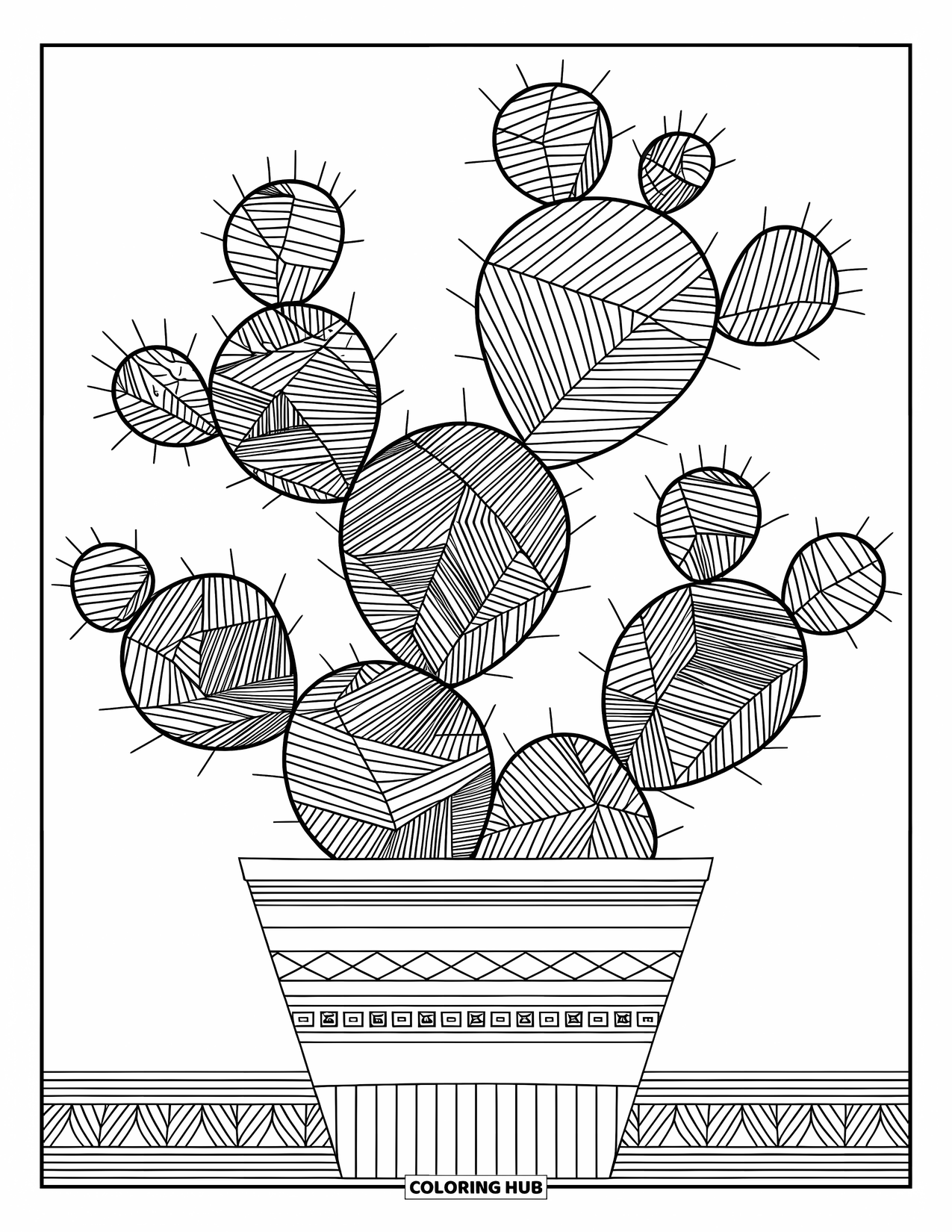 Cactus Coloring Page for Adults: A zentangle cactus with overlapping geometric patterns, placed in a decorative pot