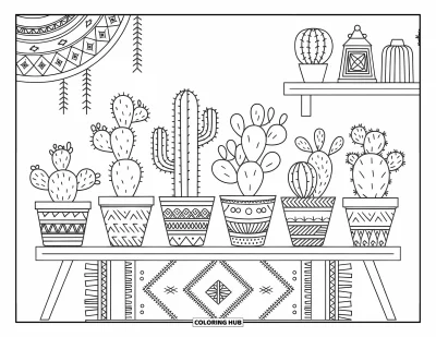 Coloriage de cactus pour adultes : Une présentation élégante de cactus dans des pots à motifs, placée sur une étagère en bois avec des éléments décoratifs