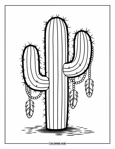 Coloriage de cactus pour enfants : Un cactus de style bohème avec des perles et des plumes suspendues, placé sur une surface texturée