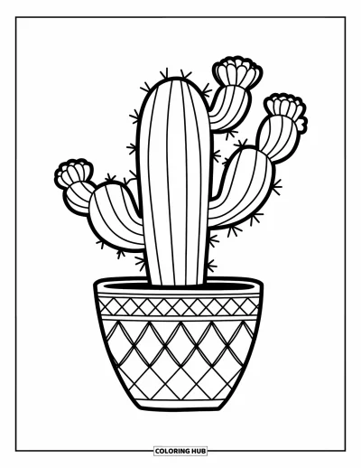 Coloriage de cactus pour enfants : Un cactus dans un pot de fleurs à motifs, fleurissant avec de petites fleurs, placé dans un cadre serein