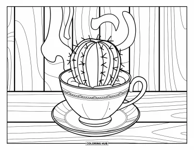 Coloriage de cactus pour enfants : Un cactus dans une tasse à thé, placé sur une soucoupe avec des lignes de vapeur, créant une ambiance chaleureuse