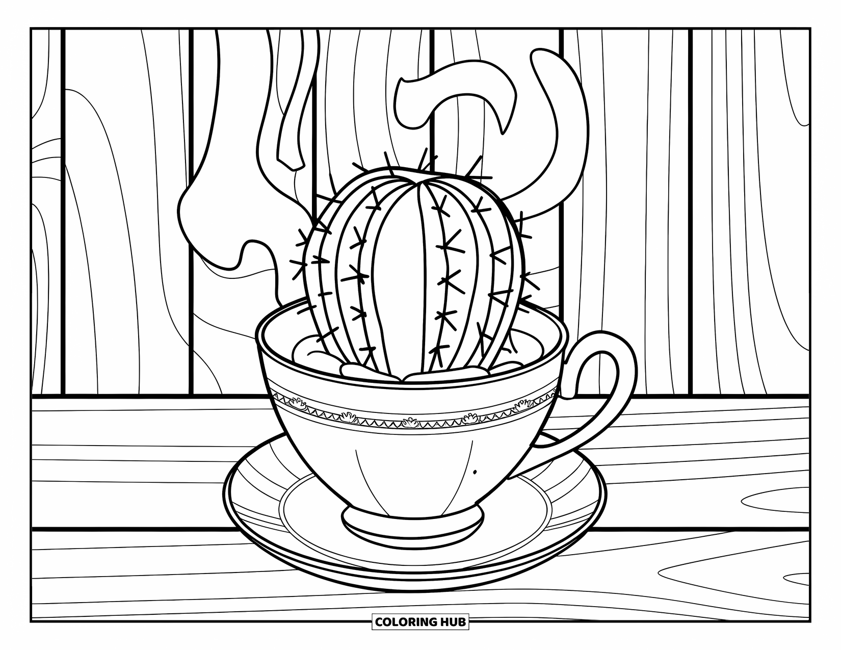 Cactus Coloring Page for Kids: A cactus in a teacup, placed on a saucer with steam lines, creating a warm ambiance