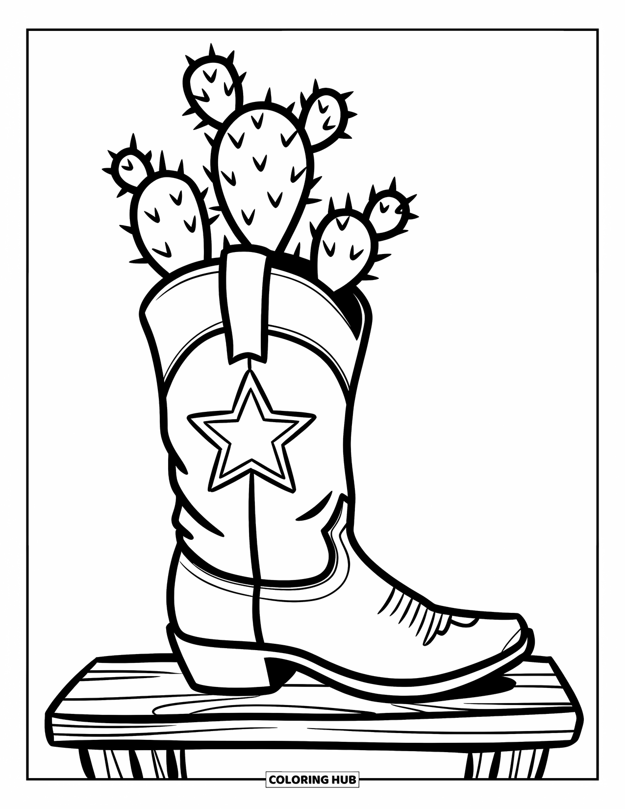 Cactus Coloring Page for Kids: A cactus inside a cowboy boot, placed on a wooden shelf with a rustic, western feel