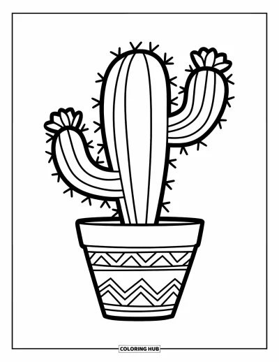 Coloriage de cactus pour enfants : Un cactus avec des fleurs épanouies, placé dans un pot de fleurs au design complexe