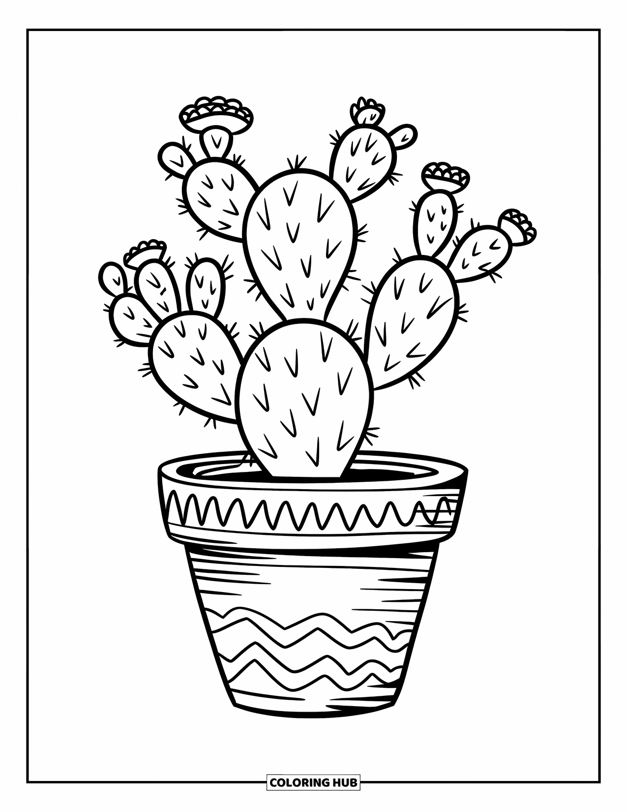Cactus Coloring Page for Kids: A charming cactus in a textured pot, with small flowers blooming from its arms