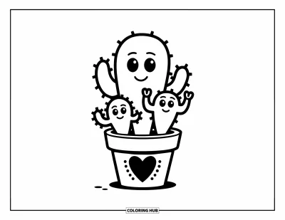 Coloriage de cactus pour enfants : Une famille de cactus joyeuse avec un parent et deux bébés cactus dans un pot décoré de cœurs
