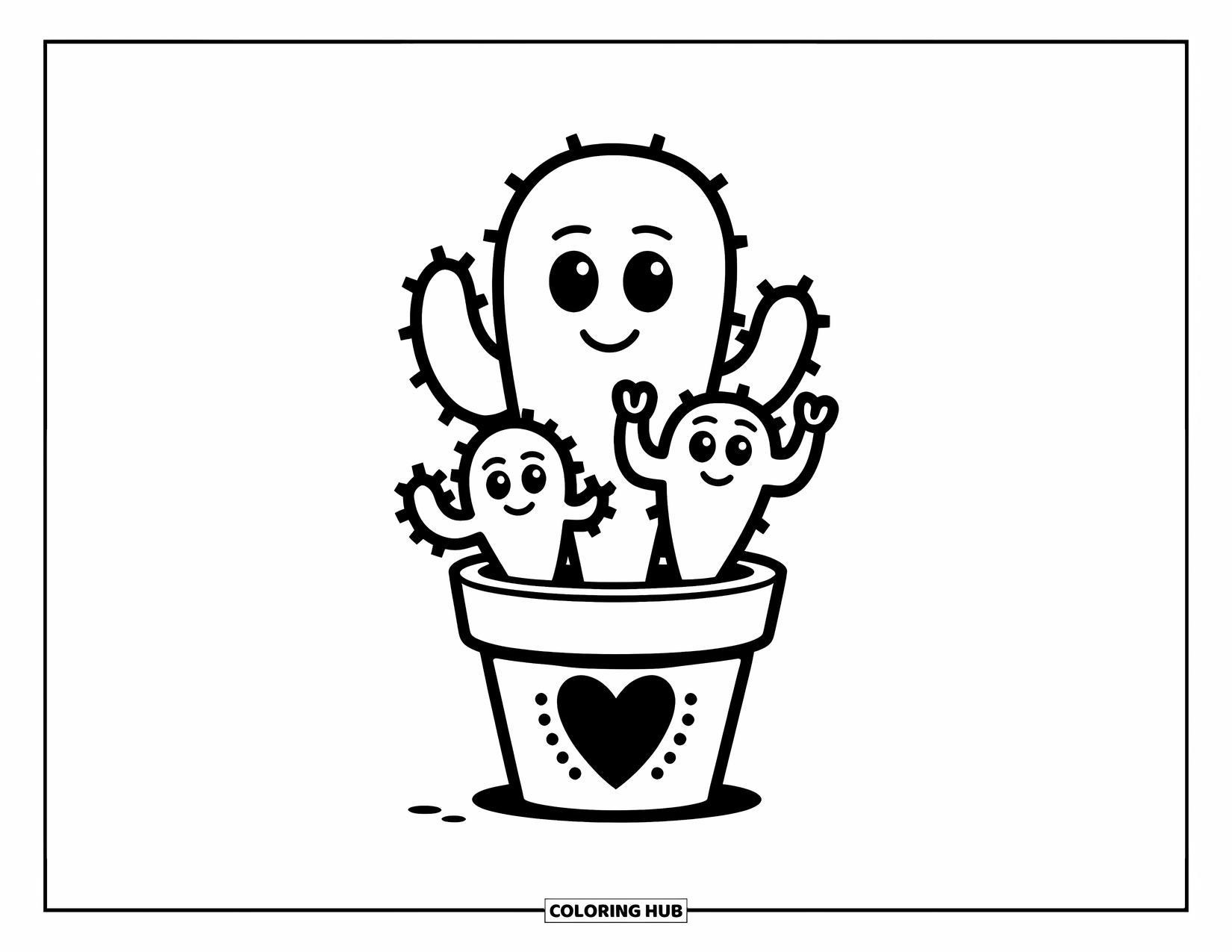 Cactus Coloring Page for Kids: A cheerful cactus family with a parent and two baby cacti in a heart-decorated pot