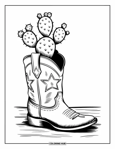 Coloriage de cactus pour enfants : Une botte de cowboy avec un cactus à l’intérieur, assis sur une surface en bois dans un cadre occidental