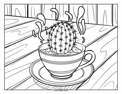 Coloriage de cactus pour enfants : Une scène confortable avec un cactus dans une tasse à thé, de la vapeur s’élevant comme s’il s’agissait d’une boisson chaude