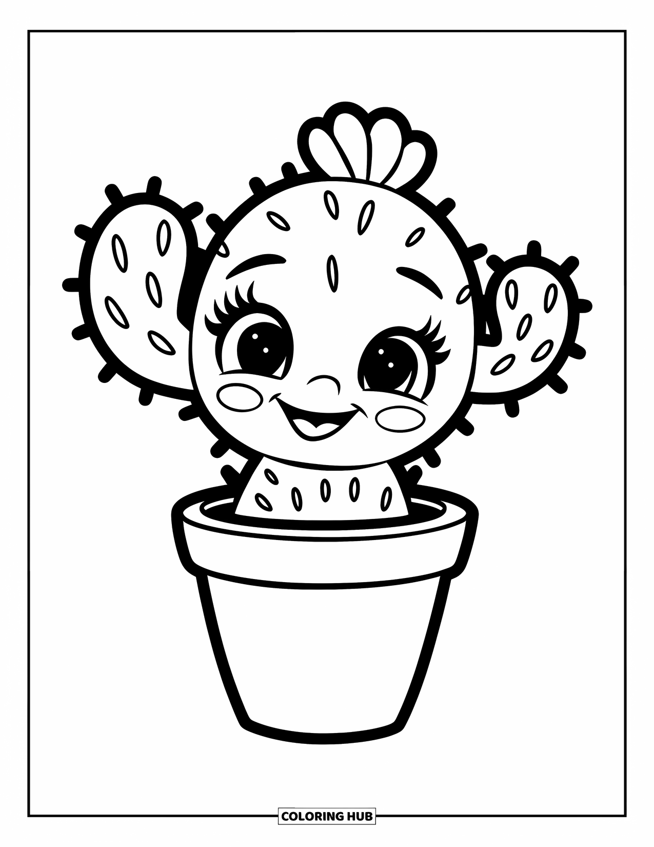 Cactus Coloring Page for Kids: A cute baby cactus with a happy expression, growing in a small, round pot