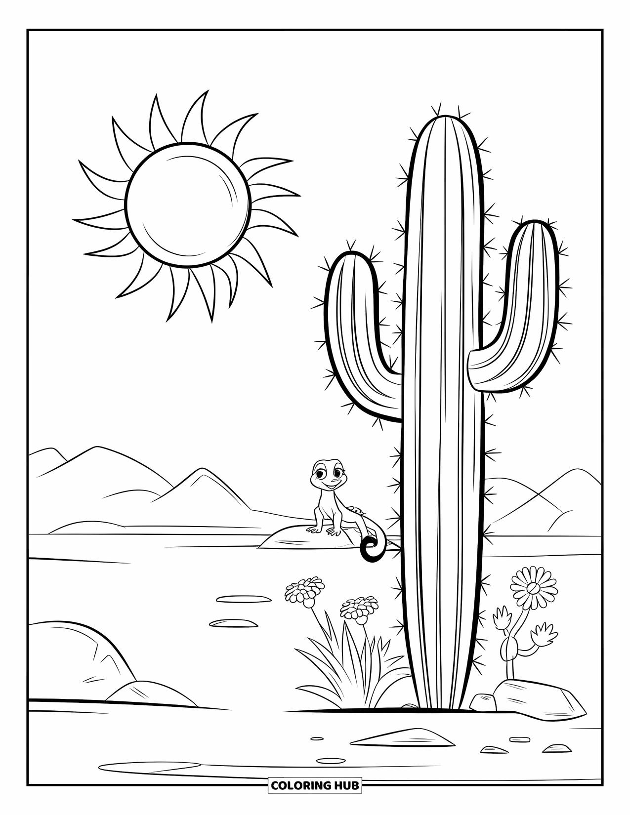 Cactus Coloring Page for Kids: A cute desert setting with a sun, a saguaro cactus, a lizard, and small desert flowers