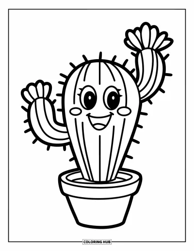 Coloriage de cactus pour enfants : Un cactus mignon et souriant dans un petit pot, avec des contours épais et des détails minimaux