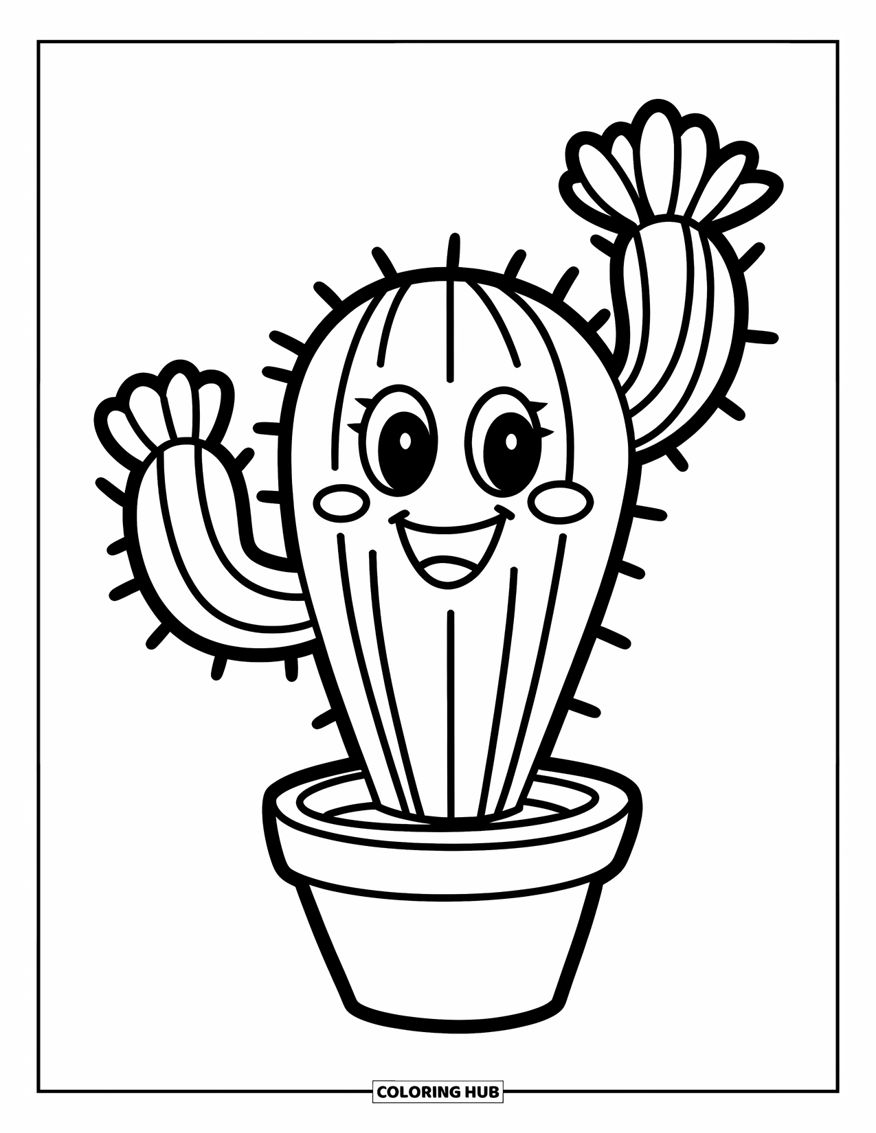 Cactus Coloring Page for Kids: A cute, smiling cactus in a small pot, with thick outlines and minimal details