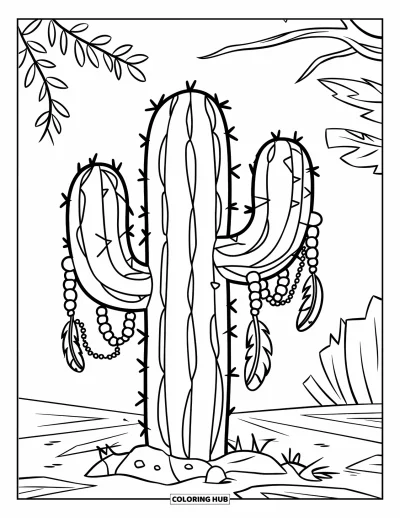 Coloriage de cactus pour enfants : Un cactus décoratif avec des perles et des plumes, placé parmi des feuilles et une branche en arrière-plan