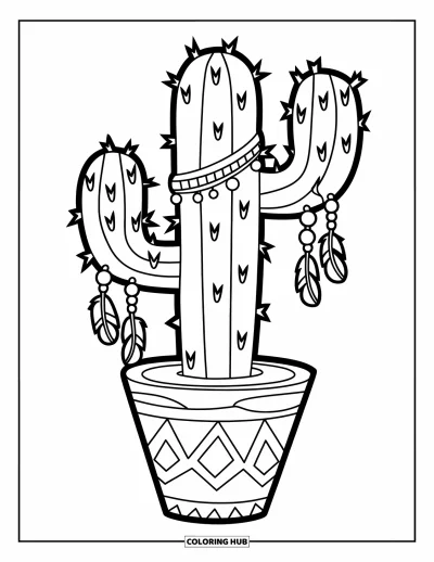 Coloriage de cactus pour enfants : Un cactus décoratif avec des perles et des plumes, assis sur une base en bois dans un cadre paisible