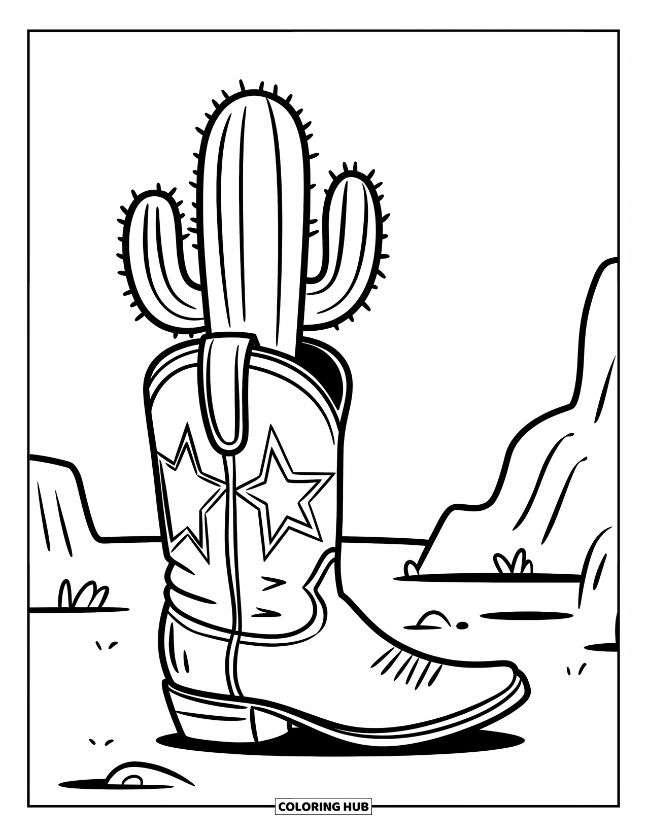Cactus Coloring Page for Kids: A desert scene with a cactus growing inside a cowboy boot, surrounded by a few scattered rocks