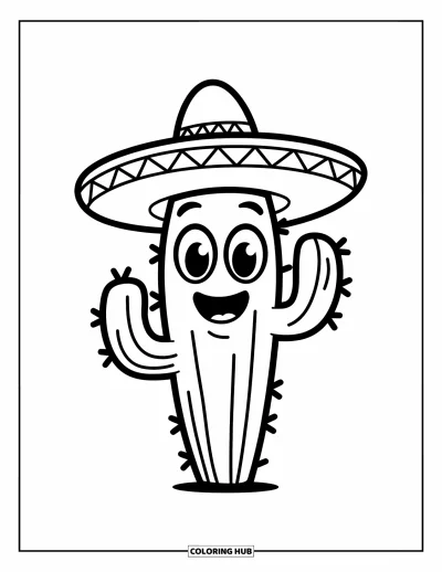 Coloriage de cactus pour enfants : Un cactus amical avec un grand sourire et un sombrero, debout dans un arrière-plan simple
