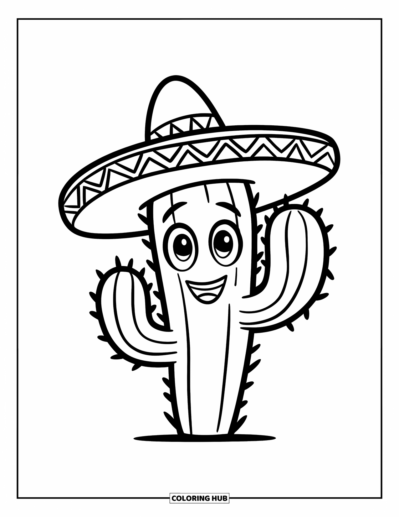Cactus Coloring Page for Kids: A friendly cartoon-style cactus with big eyes, a wide smile, and a tiny sombrero