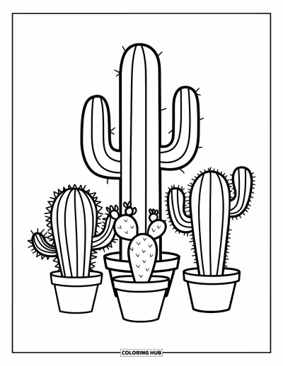Coloriage de cactus pour enfants : Un trio amusant de cactus en pots, chacun avec sa propre forme et personnalité distinctes