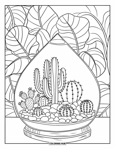 Coloriage de cactus pour enfants : Un terrarium en verre rempli de cactus, assis sur une base en bois avec des plantes luxuriantes en arrière-plan