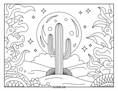 Coloriage de cactus pour enfants : Un cactus lumineux sous la pleine lune, entouré de plantes mystiques du désert et d’un ciel étoilé