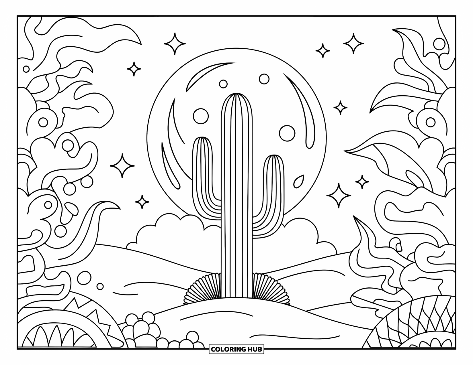 Cactus Coloring Page for Kids: A glowing cactus under a full moon, surrounded by mystical desert plants and a starry sky