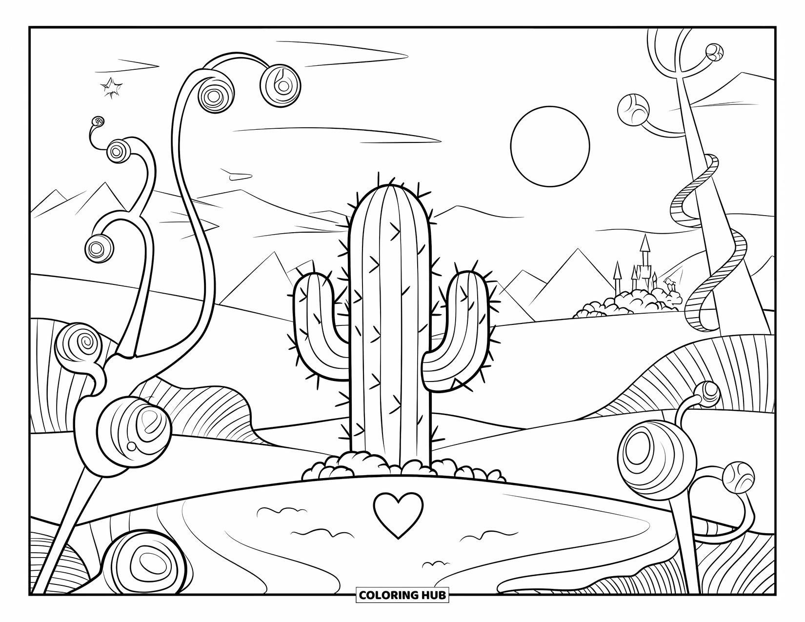 Cactus Coloring Page for Kids: A glowing cactus with a heart-shaped glow, mystical plants, and a distant castle in the background