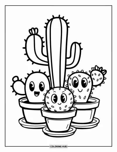 Coloriage de cactus pour enfants : Un groupe de trois cactus dans des pots à soucoupe, réunis ensemble avec des expressions joyeuses
