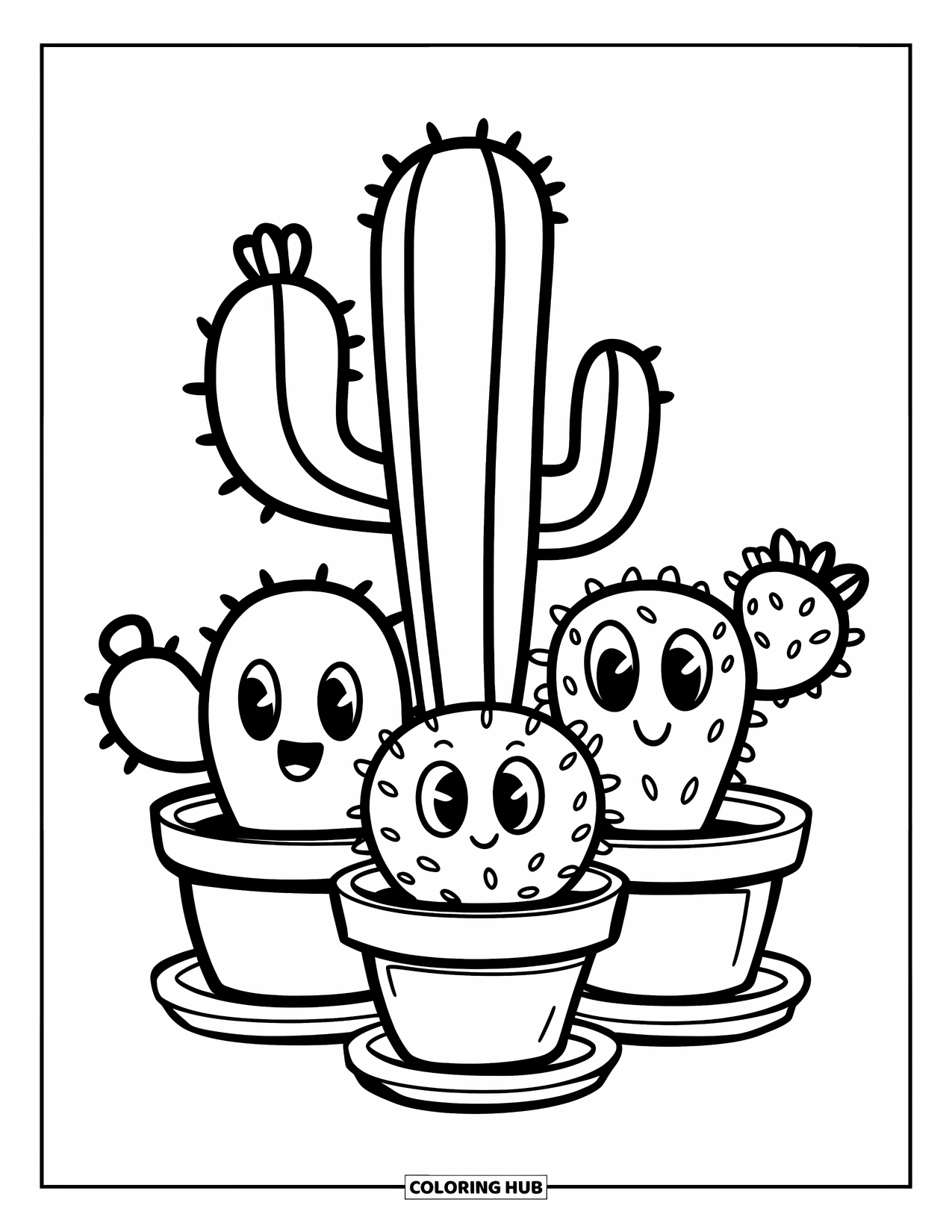 Cactus Coloring Page for Kids: A group of three cacti in saucered pots, standing together with cheerful expressions