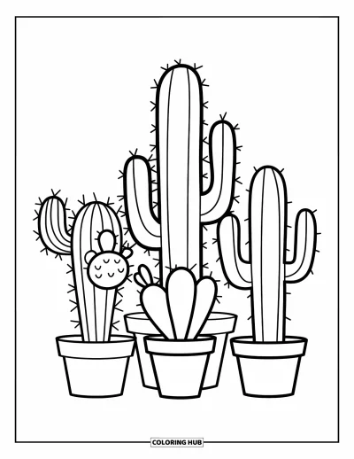 Coloriage de cactus pour enfants : Un groupe de trois cactus uniques debout ensemble dans de petits pots, chacun avec une expression différente