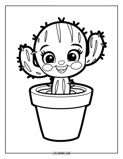 Coloriage de cactus pour enfants : Un adorable bébé cactus tout souriant avec de petits bras et des joues roses, assis dans un simple pot de fleurs
