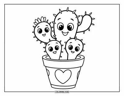 Coloriage de cactus pour enfants : Une famille de cactus heureuse dans un pot confortable, rayonnant de chaleur et d’amour