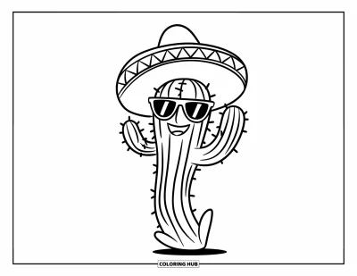 Coloriage de cactus pour enfants : Un cactus dansant joyeux avec les bras levés, portant des lunettes de soleil et un sombrero