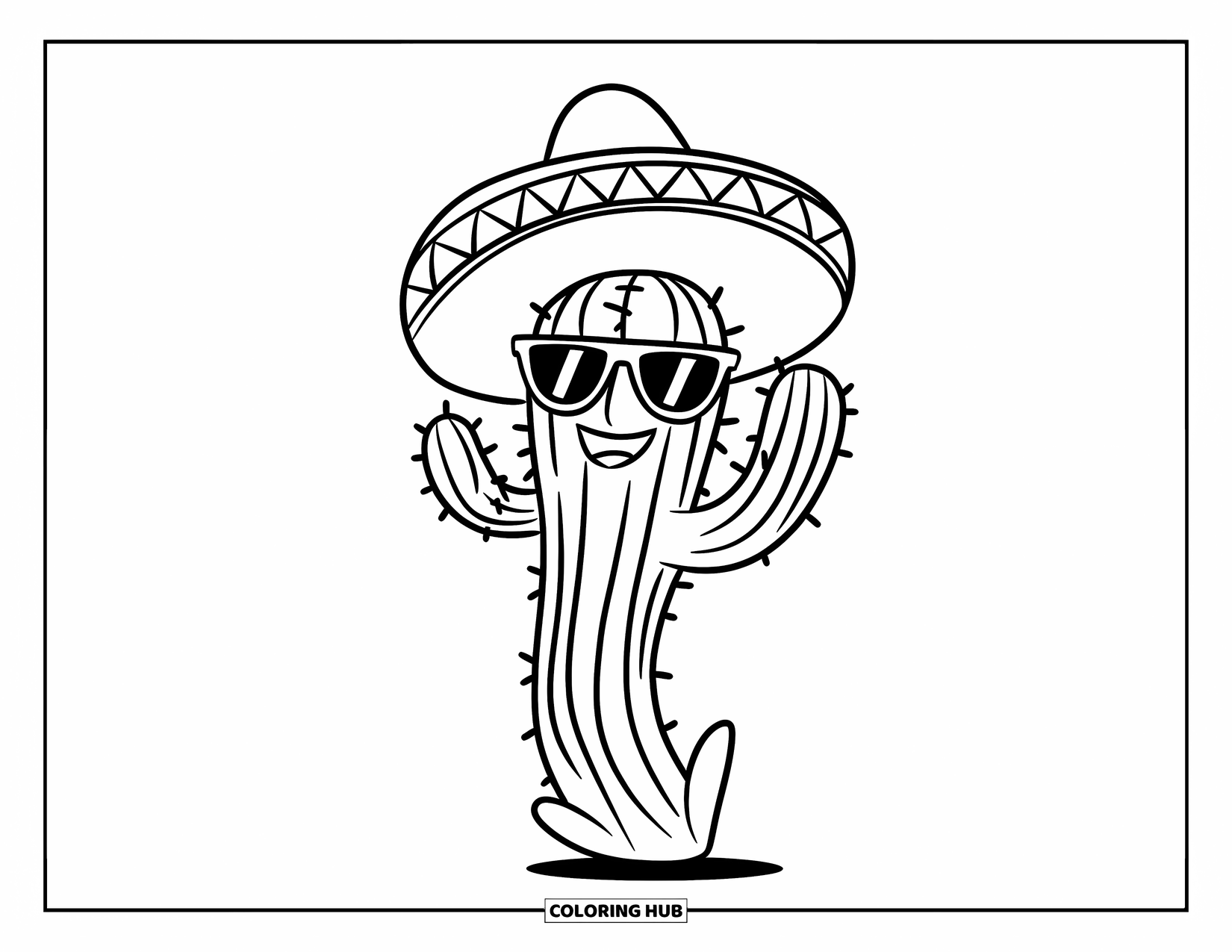 Cactus Coloring Page for Kids: A happy dancing cactus with raised arms, wearing sunglasses and a sombrero