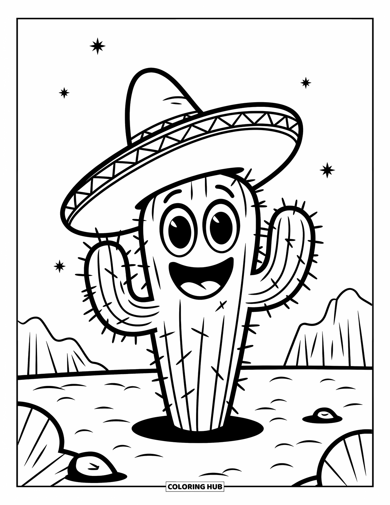 Cactus Coloring Page for Kids: A joyful cactus in a sombrero, standing in the desert with a few stars in the sky