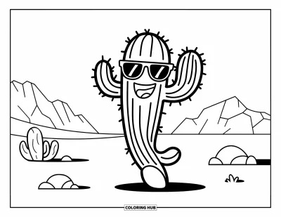 Coloriage de cactus pour enfants : Un cactus dansant animé avec des lunettes de soleil, se produisant dans le désert avec des montagnes en arrière-plan