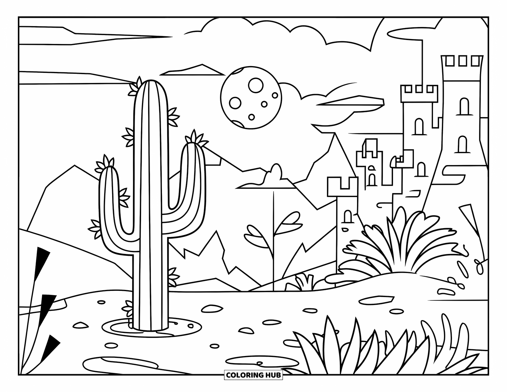 Cactus Coloring Page for Kids: A magical desert scene with a glowing cactus, mystical plants, and a castle under a full moon
