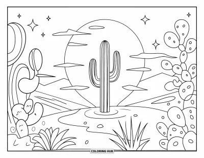 Coloriage de cactus pour enfants : Une scène de désert magique avec un cactus lumineux sous la pleine lune, entouré de plantes mystiques