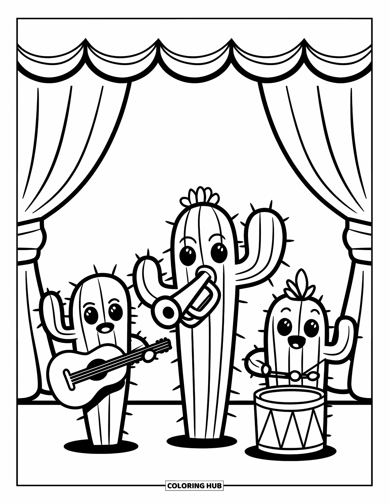 Cactus Coloring Page for Kids: A playful cactus band with three cacti playing guitar, trumpet, and drums on a stage