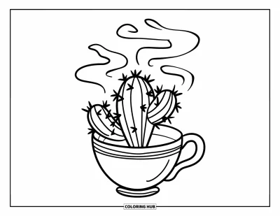 Coloriage de cactus pour enfants : Un petit cactus poussant dans une tasse à thé, avec de la vapeur s’élevant de la tasse dans une scène confortable