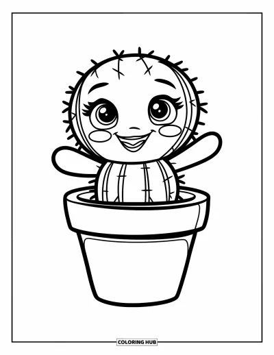 Coloriage de cactus pour enfants : Un bébé cactus souriant dans un pot, rayonnant de joie avec son visage rougissant et ses minuscules bras