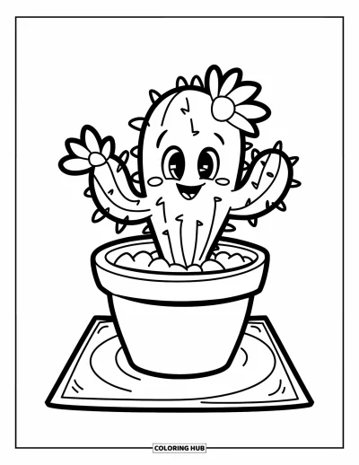 Coloriage de cactus pour enfants : Un cactus souriant dans un pot rond, placé sur un tapis avec un design charmant