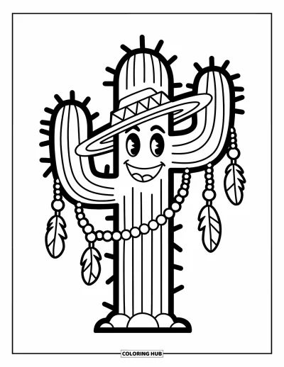 Coloriage de cactus pour enfants : Un cactus souriant avec des perles, des plumes et un chapeau, ajoutant une touche d’enjouement